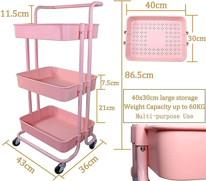 3-Tier Rolling Utility Cart Organizer for Kitchen and Bathroom UAE